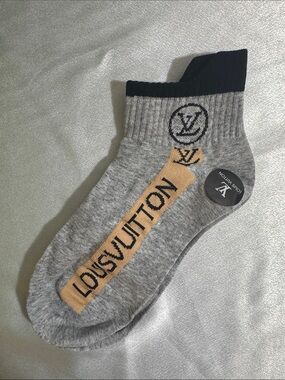 New! Louis Vuitton Grey, Black & Tan Logo Ankle Socks